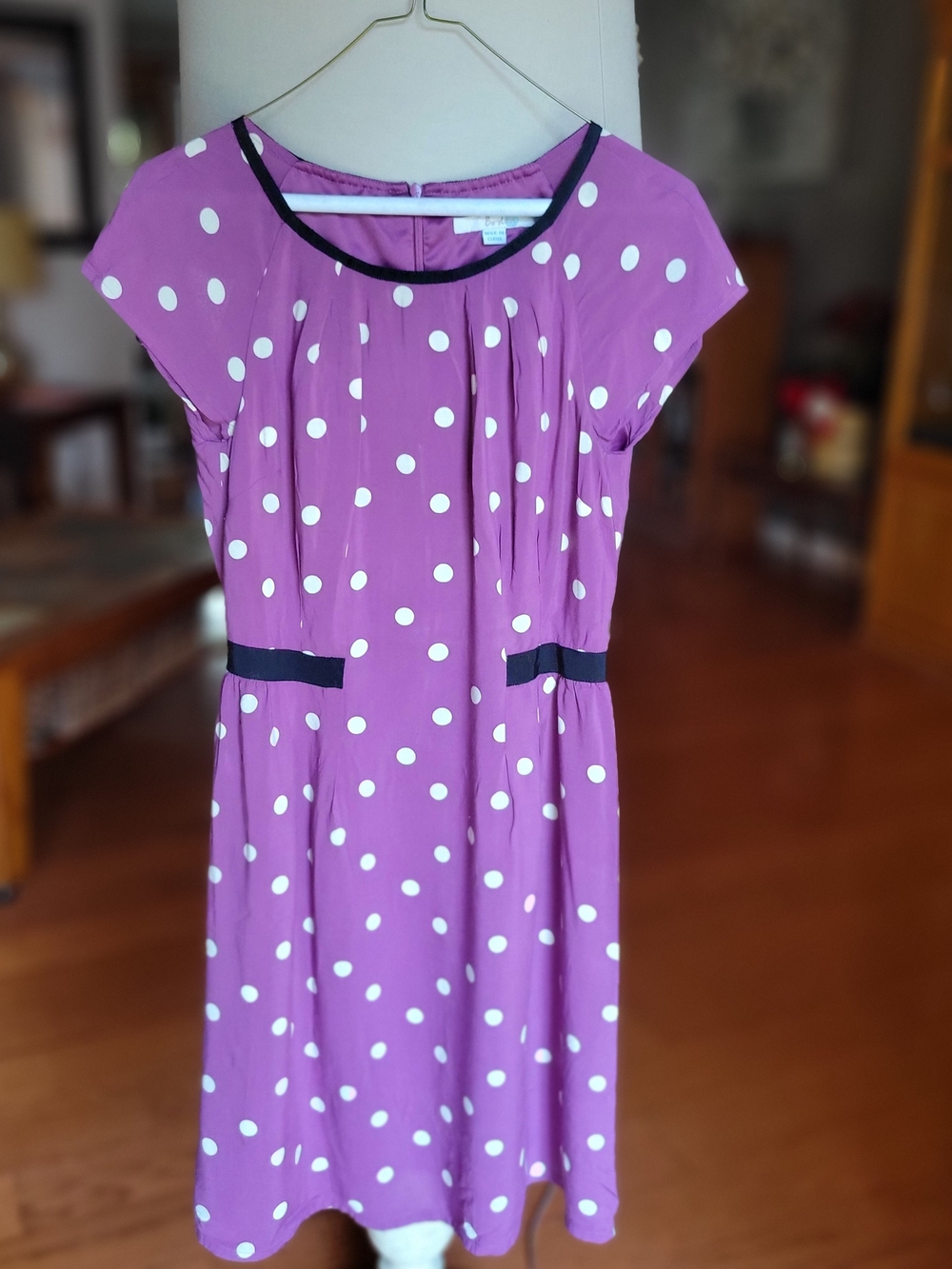 Boden Purple Polka Dot Casual Dress with Black Trim Accents